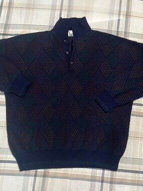Vintage 90s Florence Tricot navy blue argyle knit sweater XL made in Italy